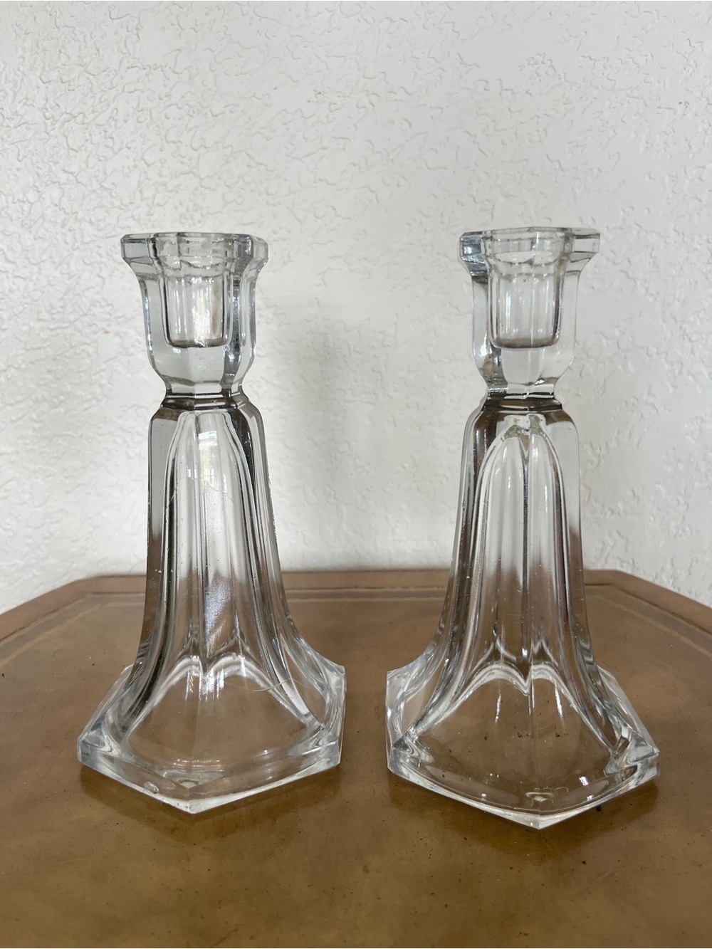 Set of 2 Vintage Heisey Glass Clear 7.5” Skirted Panel Candle Holders